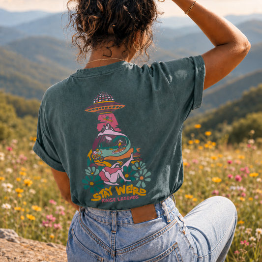 Person wearing a t-shirt with a colorful graphic design in a mountainous landscape