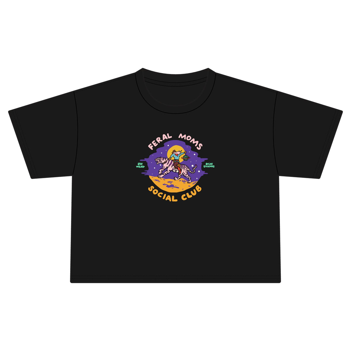 A black short-sleeve t-shirt with a colorful graphic on the chest reading 'FERAL MOMS SOCIAL CLUB' around an illustration of a woman riding a horse under a full moon.
