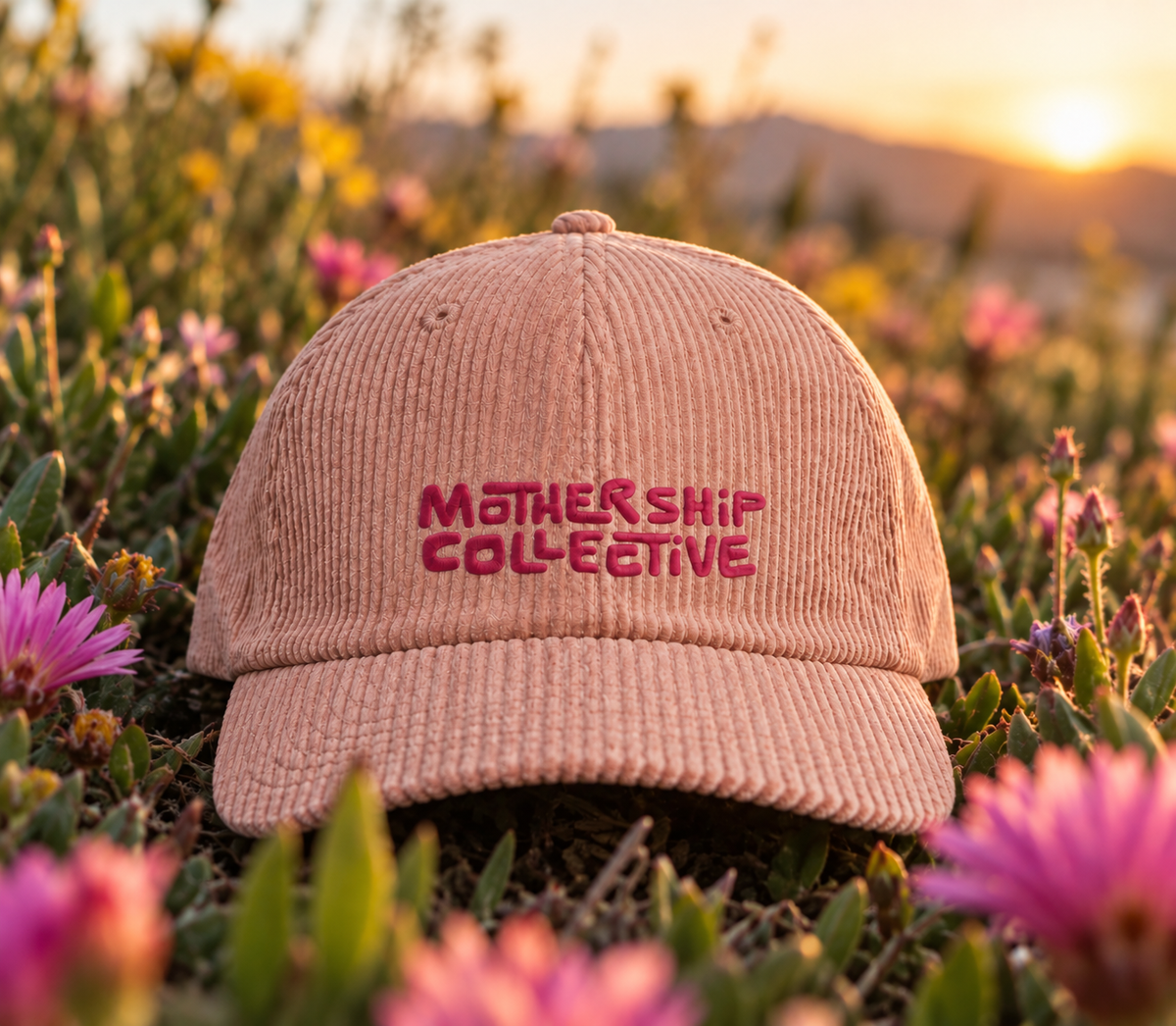 A light pink corduroy baseball cap with 'MOTHERSHIP COLLECTIVE' embroidered in pink on the front, resting in a field of pink flowers at sunset.