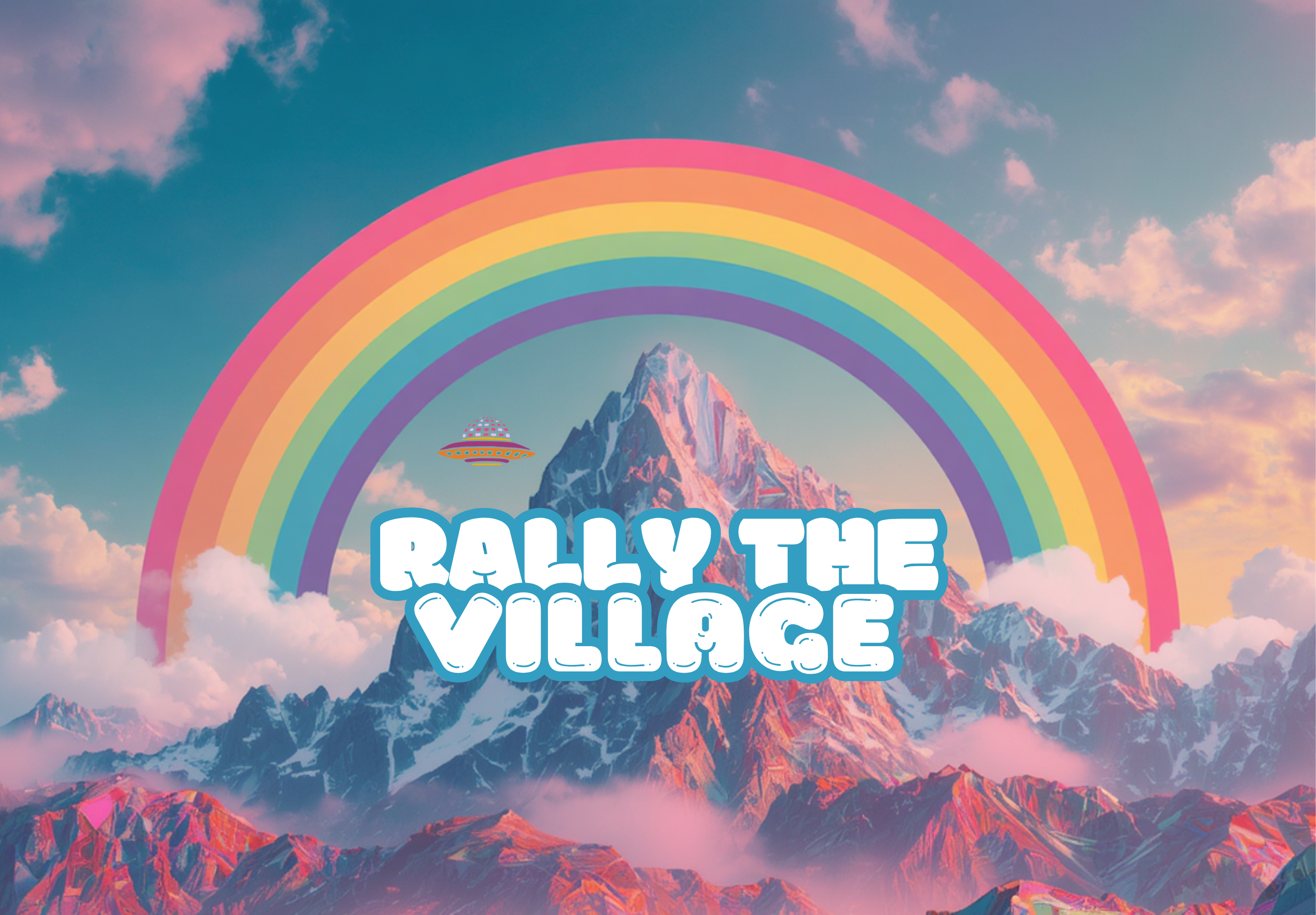 Rally the Village text with a rainbow and epic mountains behind it