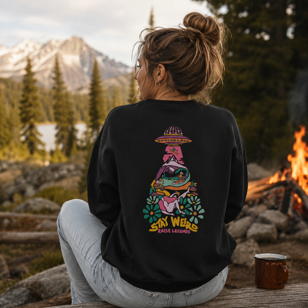 Person wearing a black sweatshirt with a colorful graphic and text, sitting by a campfire with mountains in the background.